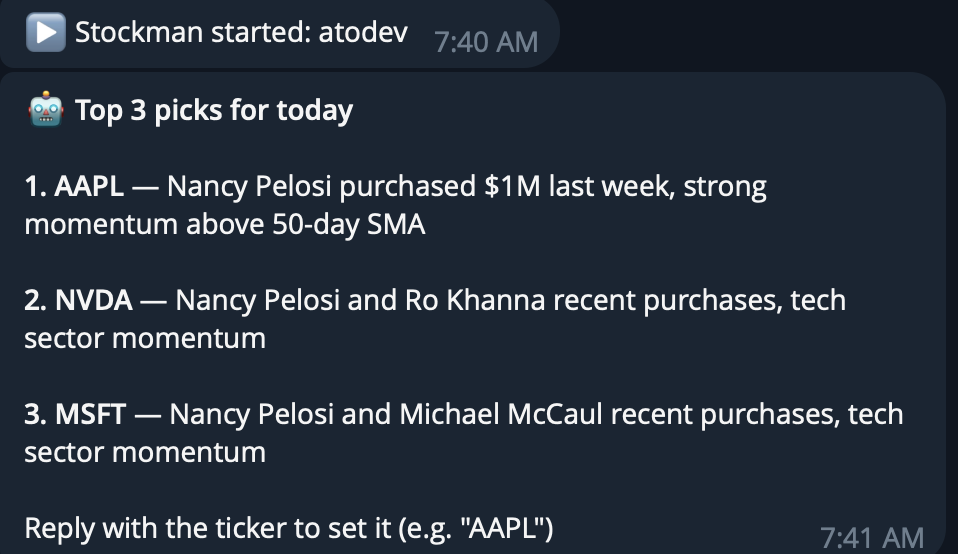 AI morning briefing on Telegram — top 3 picks from Capitol Trades analysis